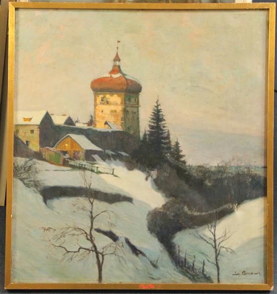 L. Braun? (Austrian School) Church in a winter landscape, 27.5 x 25.5in.